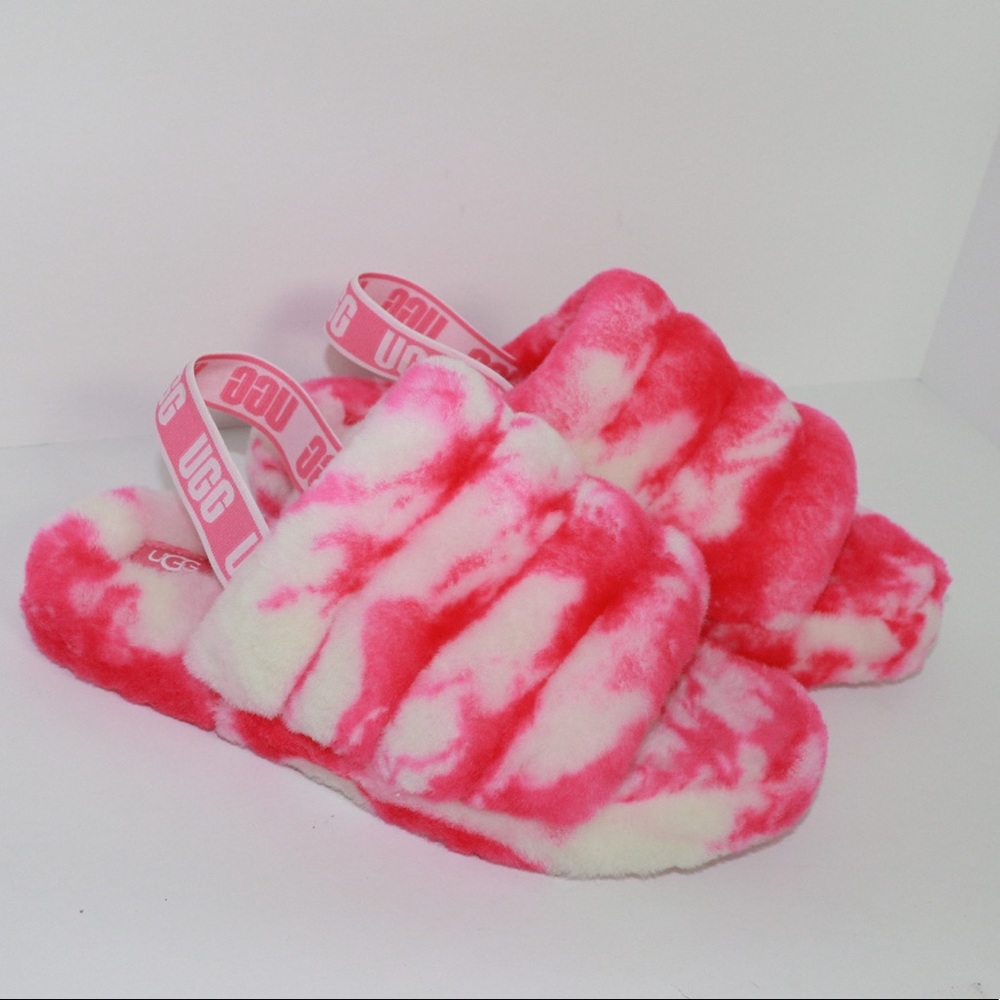 New Ugg Fluff Yeah Pink Tie Dye Slippers Fuzzy Sandals Ankle Strap Lamb size 6